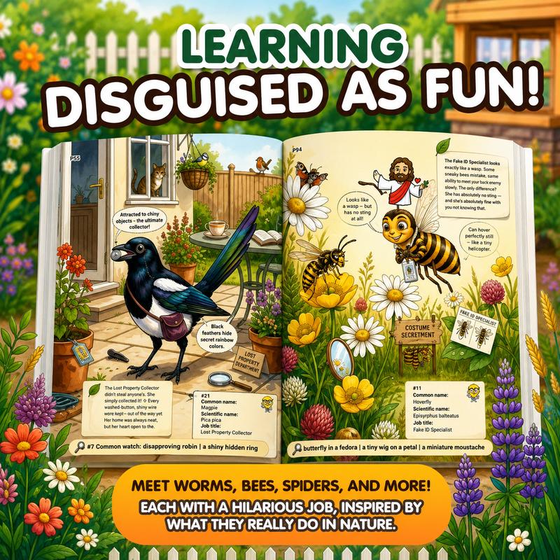 Inside spread: magpie and hoverfly with job titles