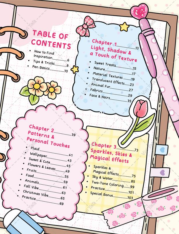 Table of contents: light & shadow, patterns, sparkles & skies chapters