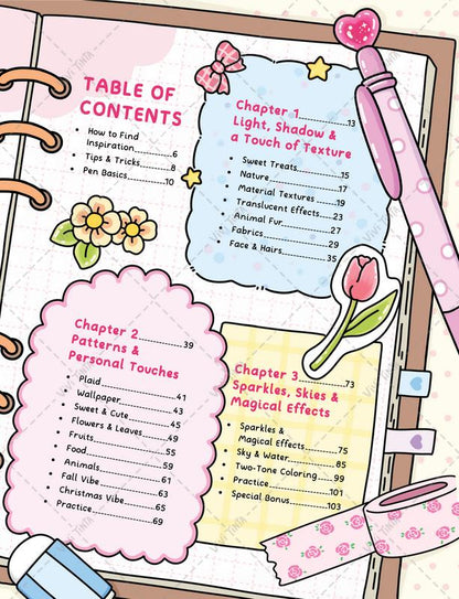 Table of contents: light & shadow, patterns, sparkles & skies chapters