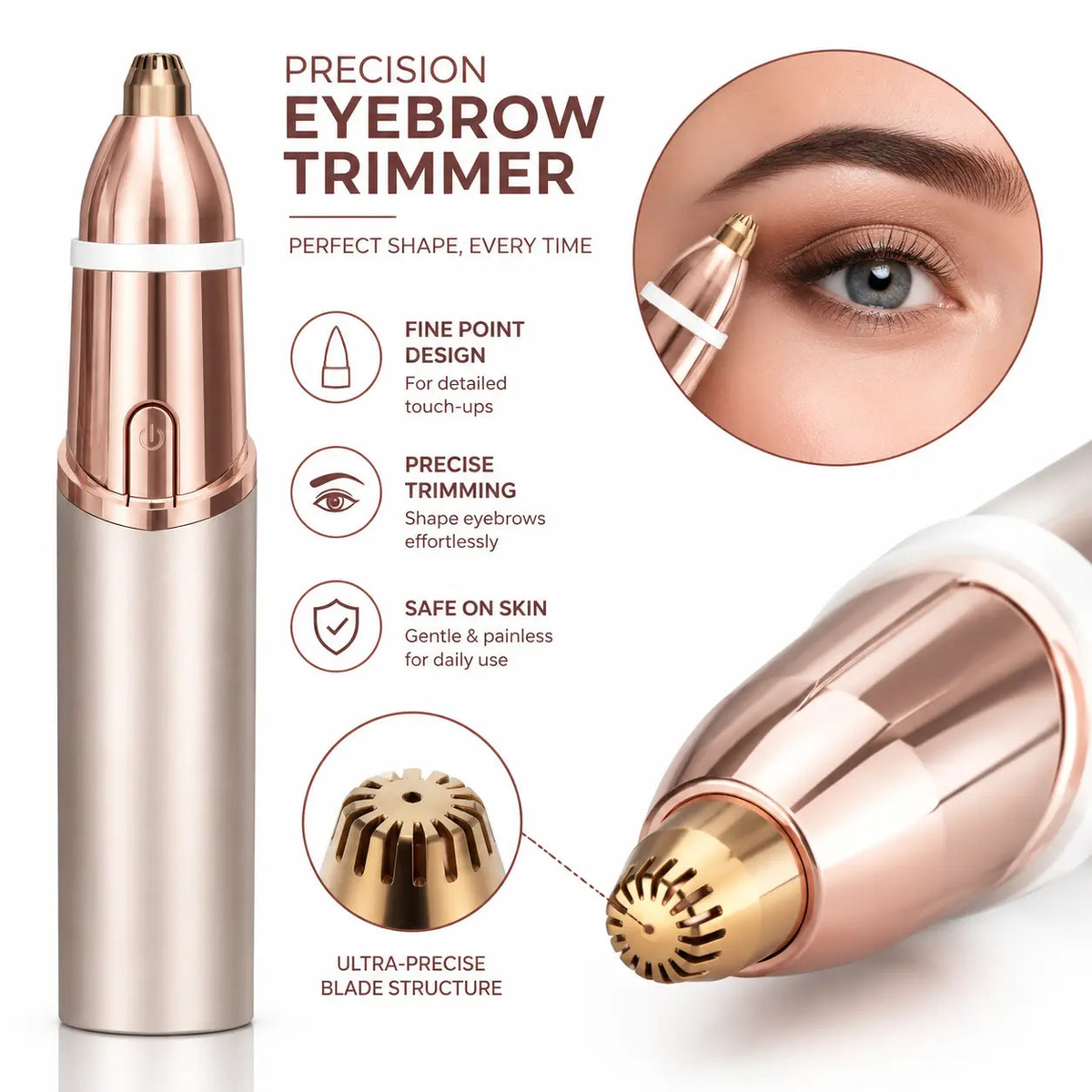 Precision eyebrow trimmer, fine point blade